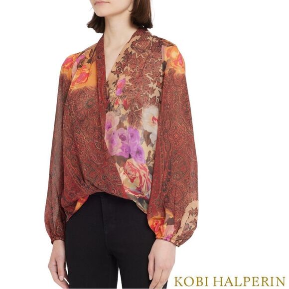 KOBI HALPERIN **NWT** Cleo Paisley-Print Blouson-Sleeve Blouse in Papaya Multi - Picture 1 of 15